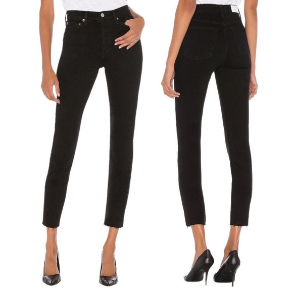 Re/Done Originals High Rise Ankle Crop Comfort Stretch Denim Jeans in Black - Picture 1 of 11